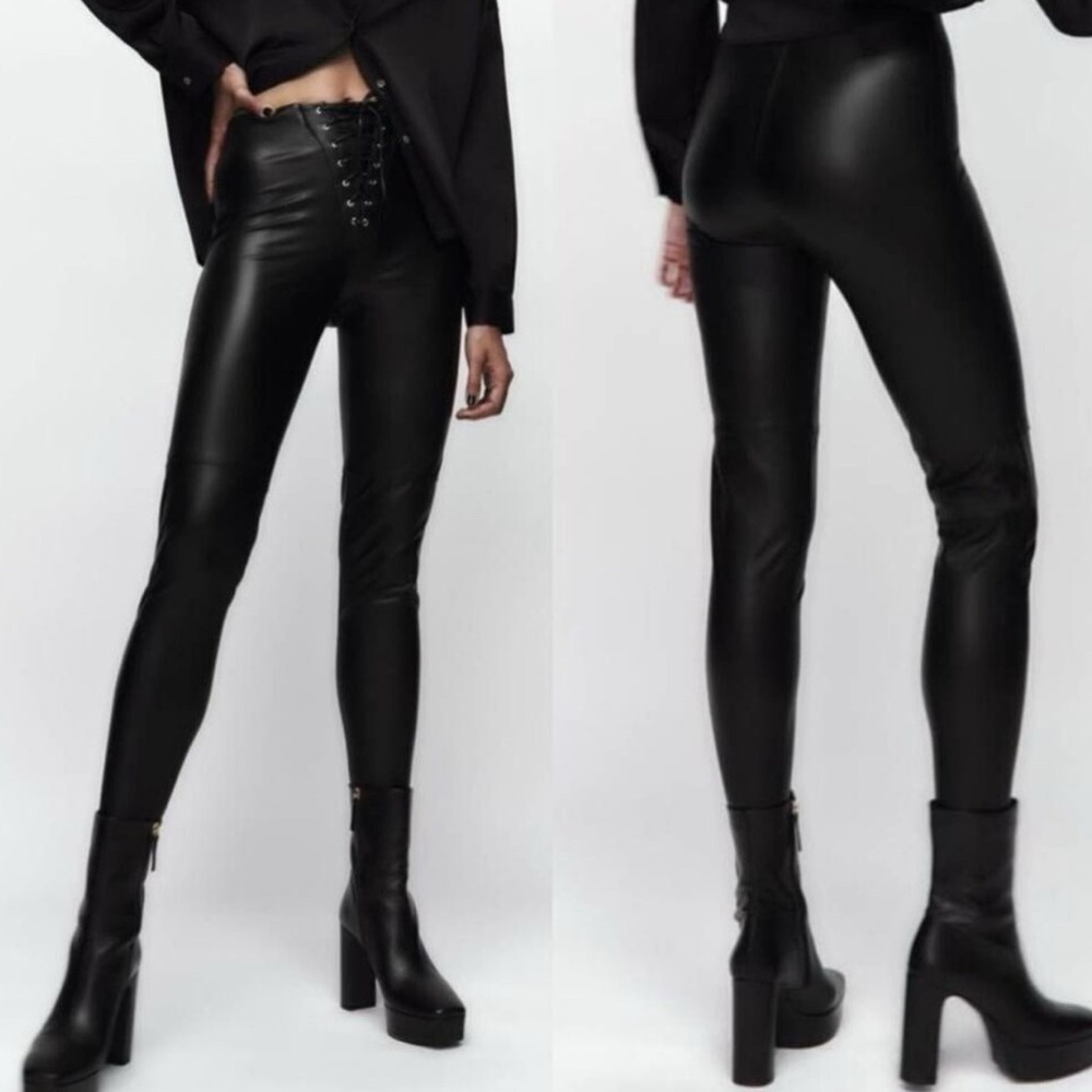 Zara Faux  Leather Lace UP Black Stretch Mid- Rise Pants NWT
